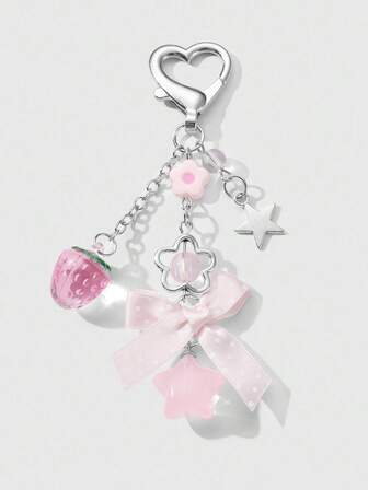Kawaii 1 pezzo Ciondolo versatile e di alta qualità in argento con catena, con fiore in resina, fragola, pois e fiocco a stella, adatto come portachiavi, ciondolo per borsa, regalo per donne/ragazze per uso quotidiano e vacanze