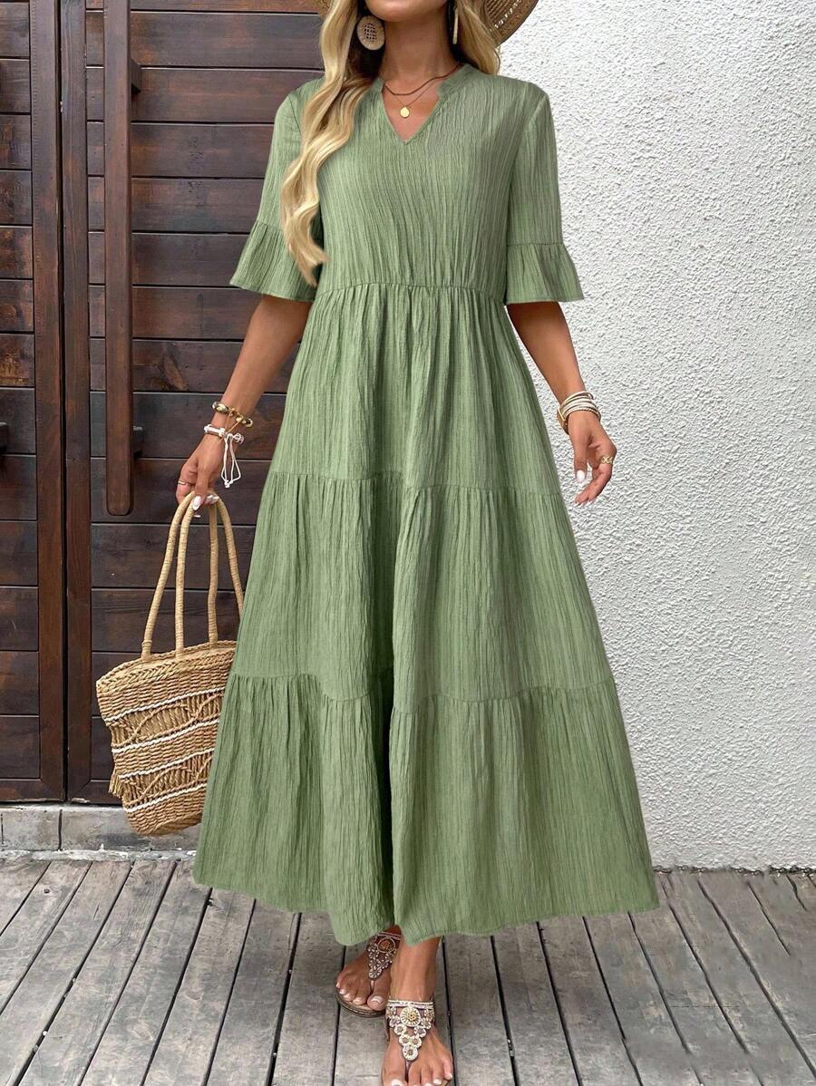 EMERY ROSE Women's Solid Color Minimalist Casual Mid-Length Dress, Short Sleeve Green Maxi Dress Casual Maxi Dress Short Sleeve Maxi Dress Women Summer Dress Vacation Dress Fall Clothes,Casual Dresses For Women Chic Dress - Green - View 1