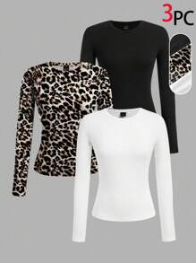 SHEIN EZwear 3pcs/Set Women Casual Crew Neck Bodycon Long Sleeve T-Shirt Set Autumn And Winter Women Long Sleeve Tops - Multicolor - View 15