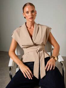 COSMINA 女士优雅无袖落肩收腰夹克，初秋 - 杏色 - 查看 3