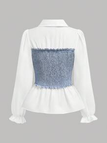 SHEIN Girlism 2 件套青少年女孩纯色拼布长袖休闲上衣和裤子套装，适合春秋冬季优雅休闲装 - 藍白色 - 查看 7