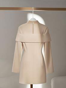 Franclia 女士纯色高领长袖单排扣收腰休闲办公中长连衣裙，秋冬季大学女生服装 - 杏色 - 查看 2