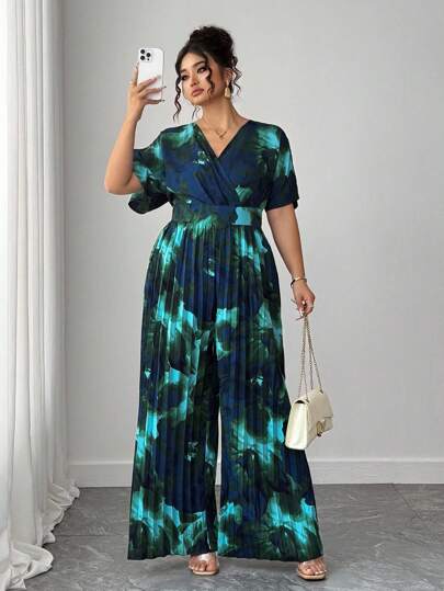 Elenzga Plus Size Elegant Commuter Floral Print Pleated Jumpsuit