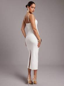 Silquee 女式纯色褶饰修身优雅细肩带中长连衣裙，夏季 - 白色 - 查看 2