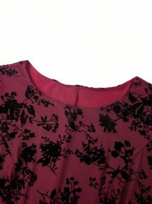 SHEIN Clasi Crew Neck Waist Cinched Flocked Dress, Halloween Dress - Red and Black - View 3
