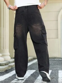 Manfinity Roughcore Men's Plus Size  American Streetwear Loose Fit Cargo Jeans With Stylish Design Black Cargo Jeans - Black - View 2