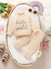 SHEIN 2 件套婴幼儿英文字母刺绣圆领长袖毛衣上衣和裤子套装，休闲简约风格婴儿 Hello World 服装中性婴儿服装婴儿针织套装两件套冬秋服装套装 - 米色 - 查看 6