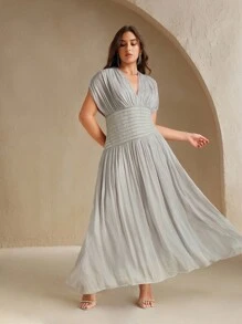 Anewsta 大码女式 V 领短袖串珠链褶腰露背系带长裙，优雅精致，夏季 - 灰色 - 查看 4