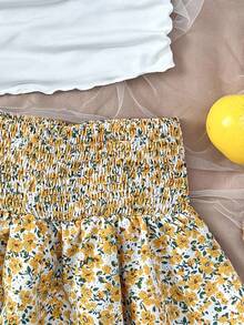 SHEIN Kids Teen Girl Vacation Spring/Summer Carnival Beach Cruise Resort Knit Twist Front Square Neck Fitted Crop Top, Loose A-Line Layered Hem Skirt Set, Suitable For Dates, Beach Vacation Summer Skirt Teen Spring Summer Outfit Summer Outfits For Women Brunch Outfits For Teens - Yellow - View 6