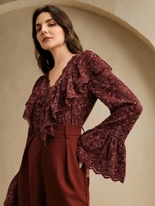 Anewsta 女士优雅 V 领天鹅绒蕾丝荷叶边长袖衬衫，浪漫圣诞约会装，冬季 - 酒紅色 - 查看 6