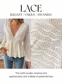 SHEIN Clasi Top Peplum de Cor Sólida Semitransparente com Textura e Decote em V, Estilo Casual de Férias, Primavera/Verão/Outono