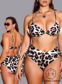 Shapewave Bộ bikini tắm nữ size lớn họa tiết da báo thắt nơ trước gợi cảm, đi biển mùa hè - Nhiều màu - Xem 1