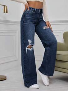 Casual Washed Distressed Straight Leg Jeans - Dark Wash - View 4