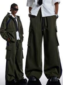LYSMO 女士休闲百搭纯色阔腿工装裤 - 綠色 - 查看 1