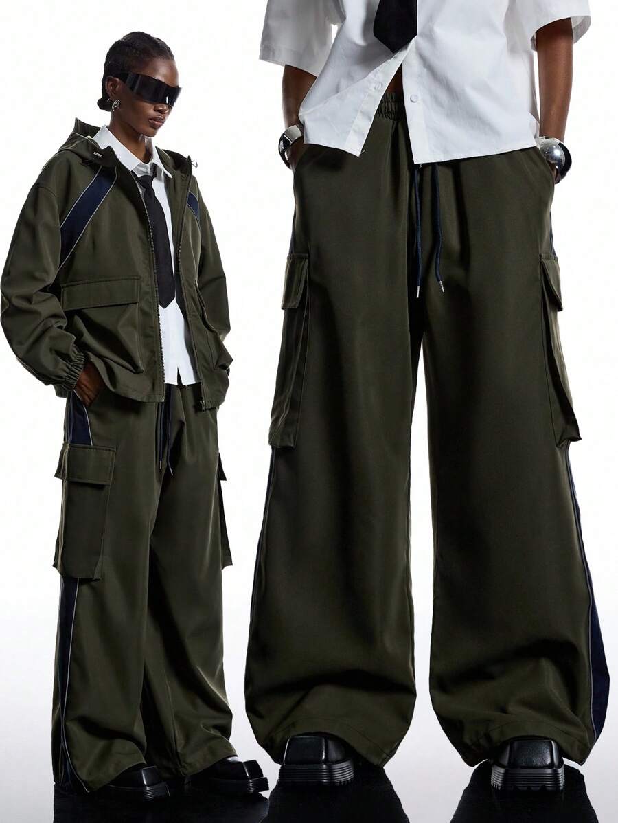 LYSMO 女士休闲百搭纯色阔腿工装裤 - 綠色 - 查看 1