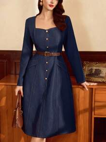 Vintamour Robe élégante vintage pour femme avec poches et boutons. Robe décontractée pour vacances, rentrée scolaire, tenues d'automne pour femmes, tenues d'enseignante, robes d'anniversaire pour femmes, vêtements de rentrée scolaire pour femmes, robes élégantes d'anniversaire pour femmes, tenues d'hiver pour femmes, tenues de bureau pour femmes, vêtements de travail occidentaux pour femmes, tenues de concert pour femmes, tenues de festival pour femmes - Bleu azur - Voir 4