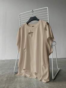 Claim Dot Men's Solid Color Crewneck Distressed Casual Tank Top For Summer,Oversized,Summer Ripped Tshirt Men Distressed T Shirt Men Drop Shoulder T Shirt Men Cut Off Sleeve T Shirt Men Beige T Shirt Men