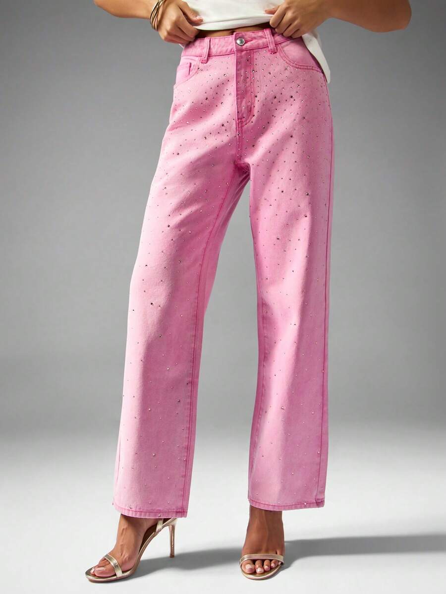 MISSGUIDED 闪亮水晶装饰高腰直筒牛仔裤时尚前卫个性裤装现代派对俱乐部节日场合春夏服装 - 藕粉色 - 查看 1