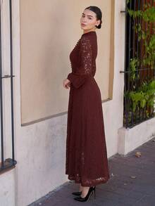 Andrea Bello Women's Long Sleeve Lace Burgundy Dress Maxi Women Outfit