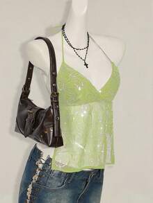 SHEIN ICON Women's Y2K Sexy Floral Lace Backless Camisole Lime Green Top Sequin Top