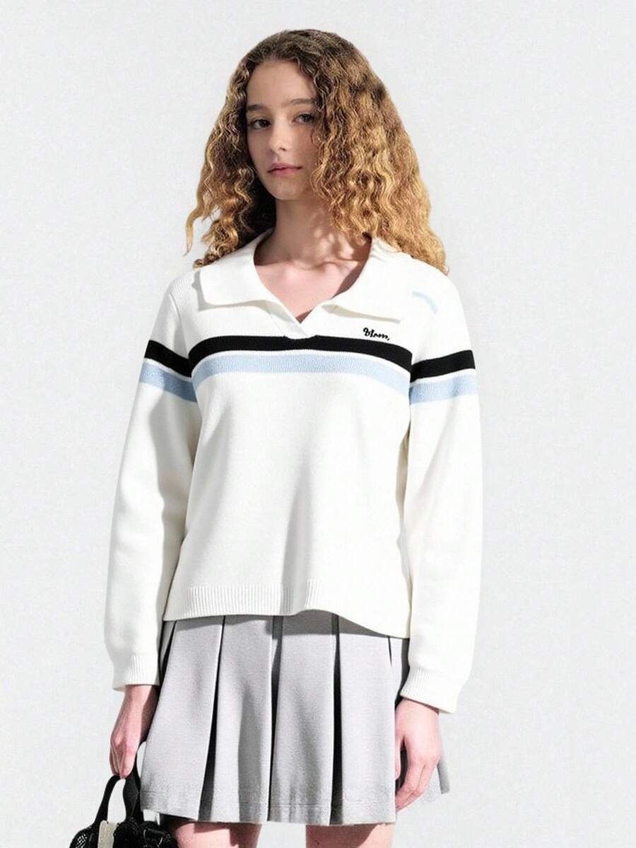女童条纹撞色高领套头衫,校园风,秋冬 - 白色 - 查看 1