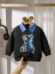 SHEIN Baby Boy Cartoon Bear Print Turndown Collar Long Sleeve Casual Sweatshirt - Multicolor - View 5
