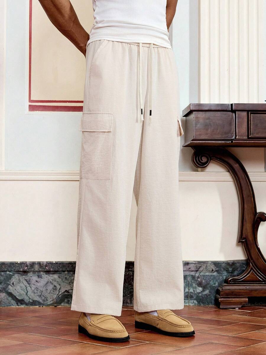SWAVVY Men's Casual Solid Color Straight Leg Cargo Pants - Beige - View 1