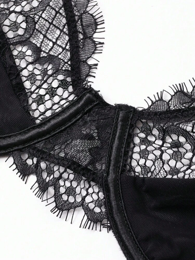 2pcs Lace Patchwork Adjustable Spaghetti Strap Women Lingerie Set