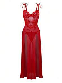 2pcs Set: Lace & Mesh Splicing Romantic Party Slit Front 3D Faux Pearl Flower Underwire Dress + Thong Bridallingerie - Red - View 6