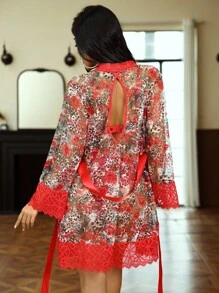 Spicy Aura 4 件套蕾丝拼接女士内衣带钢圈，性感内衣套装带长袍，新娘内衣套装和红色长袍，外出 - 彩色 - 查看 2