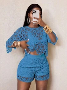 BamGleam 性感镂空蕾丝透视喇叭袖四季针织女式衬衫，女士上衣，修身优雅圆领上衣 - 藍色 - 查看 5