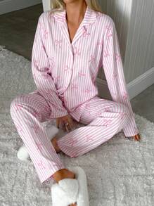 SHEIN PETITE PETITE SIZE Women 2 Pcs Button Front With Striped&Bot Pattern Homewear Cute Pajama Set