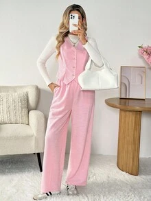 SHEIN LUNE Women's Casual Solid Color Basic Outfit Suit, Blazer Vest And Pants 2 Pieces Set - Pink - View 6