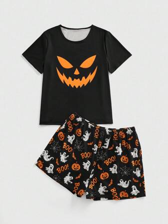 Kawaii Dark Halloween Haunted Spider Web Print Casual Short Sleeve Plus Size Pajama Set