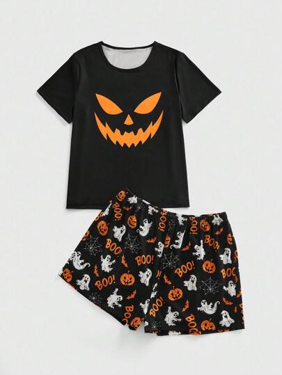 Kawaii Conjunto de pijama de manga corta casual con estampado de telaraña de araña embrujada de Halloween en talla grande