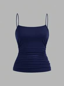 SHEIN EZwear 4 件套女式纯色侧褶修身休闲吊带背心套装，适合夏季 - 黑色、藏青色、灰色、白色 - 彩色 - 查看 12