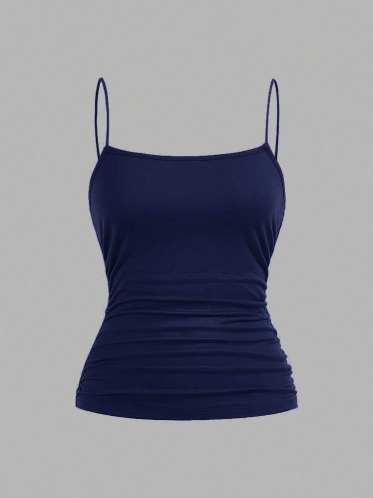 SHEIN EZwear 4 件套女式纯色侧褶修身休闲吊带背心套装，适合夏季 - 黑色、藏青色、灰色、白色 - 彩色 - 查看 12