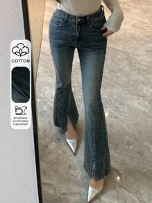 Dazy Tall Jeans de talle alto y acampanados informales con abertura para mujer alta, sexy y con estilo - Azul lavado medio - Ver 1