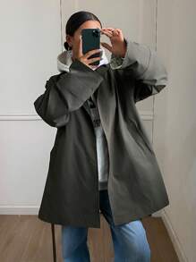 DAZY 女士蕾丝花边袖口收腰中长立领休闲风衣女式夹克，秋季女装 - 深灰色 - 查看 3