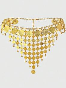 ROMWE Goth 1pc Women's Gold Coin Decor Hollow Tassel Chain Waist Dress, Versatile For Daily Wear - Gold - View 2