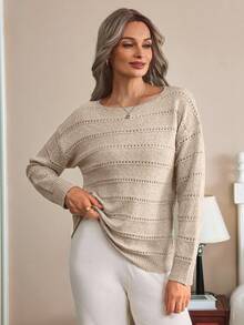 EMERY ROSE Boat Neck Pointelle Knit Drop Shoulder Sweater - Apricot - View 6
