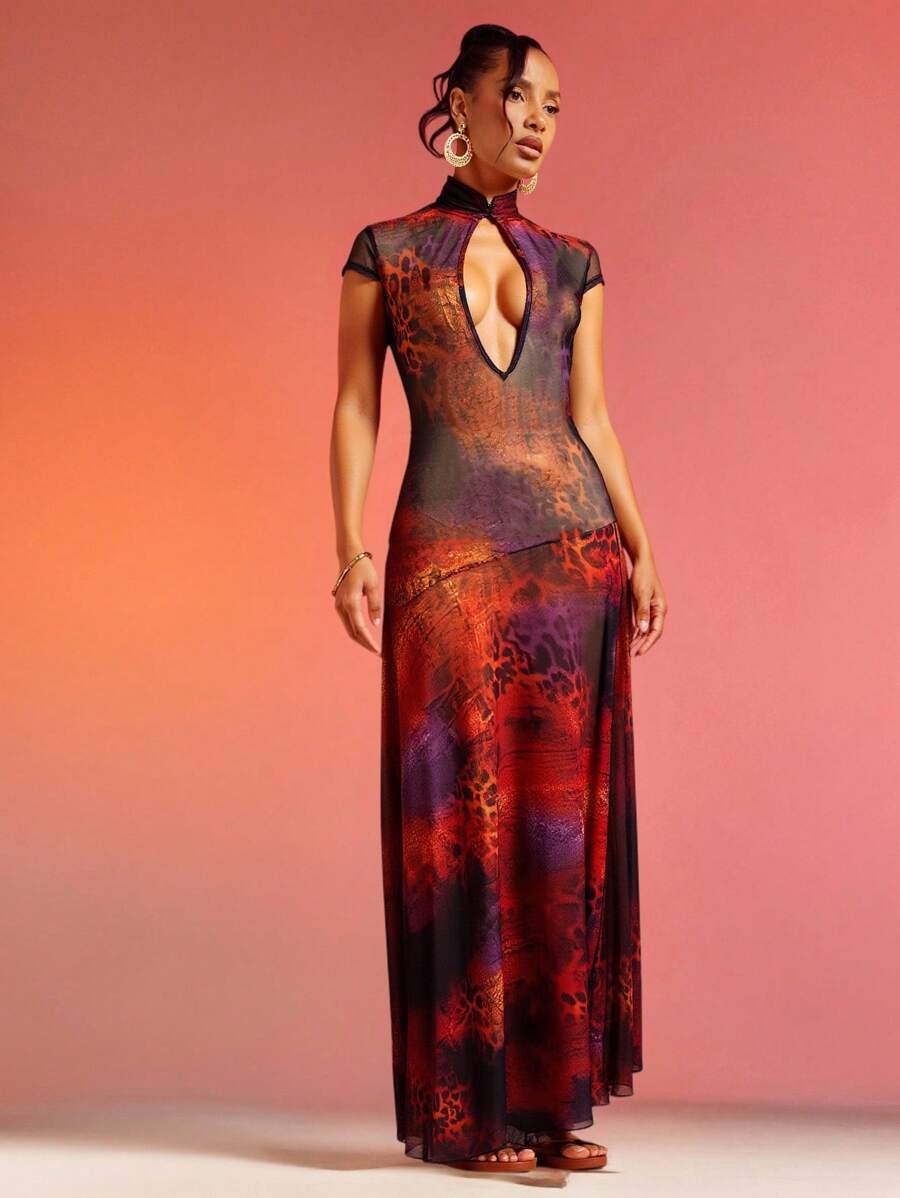 Hauture Abstract Floral Animal Print Lace Mesh Dress - Multicolor - View 1