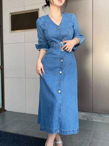 DAZY V 领金属扣腰带修身商务休闲长袖女士牛仔连衣裙，秋冬，秋季女装 - 中等水洗藍 - 查看 8