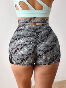 Menodora SHEIN Sport Short de sport pour femmes avec texture métallique, motif peau de serpent et découpes croisées - Rose vif - Voir 2