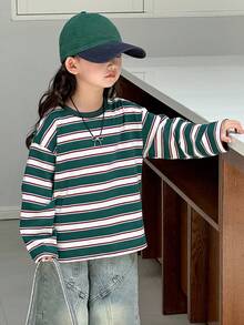 DAZY 女童条纹休闲长袖T恤，春秋季 - 綠色 - 查看 1