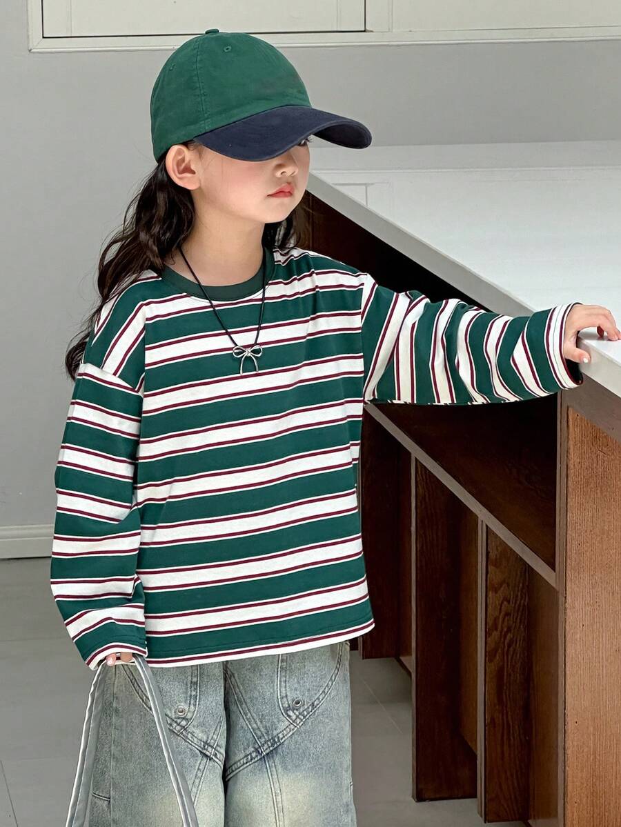 DAZY 女童条纹休闲长袖T恤，春秋季 - 綠色 - 查看 1