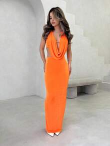 Jemour 女士性感 Crowl 吊带背心 V 领吊带上衣和超长裙两件套，适合俱乐部派对装 - 橘色 - 查看 5