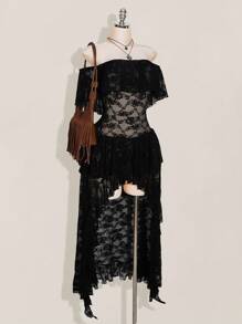 SHEIN ICON Plus Size Off Shoulder Ruffle Lace Tiered Short Front Long Back Dress, Boho, Vacation - Black - View 8