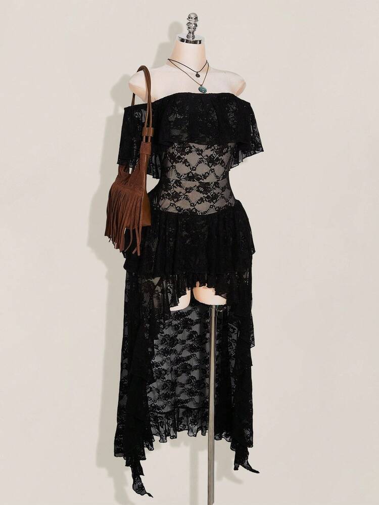 SHEIN ICON Plus Size Off Shoulder Ruffle Lace Tiered Short Front Long Back Dress, Boho, Vacation - Black - View 8