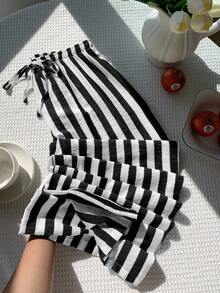 SHEIN EZwear Quần ống đứng kẻ sọc đi làm thường ngày cho nữ - Đen và trắng - Xem 6